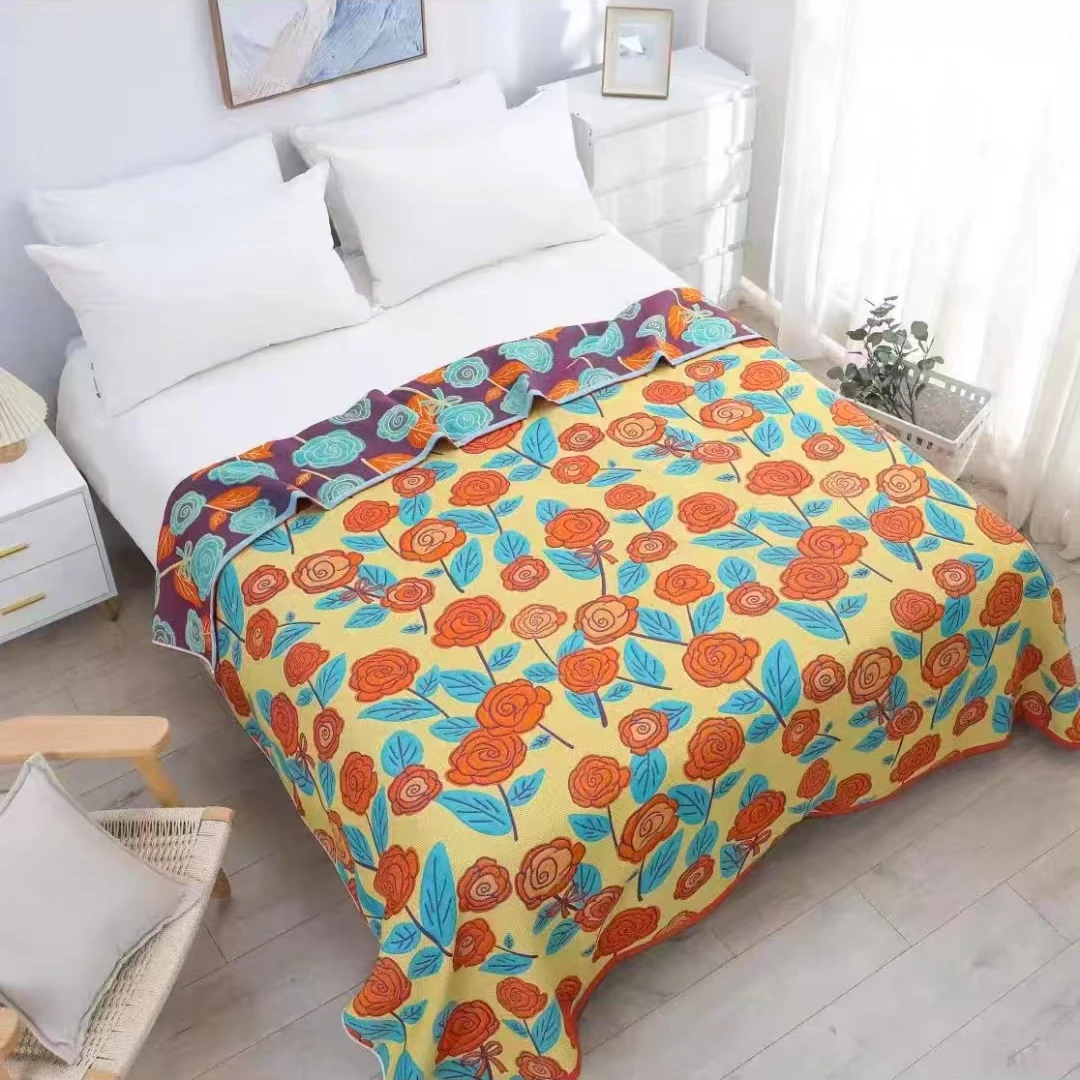 纯棉纱布盖毯--玫瑰花园黄 200*230