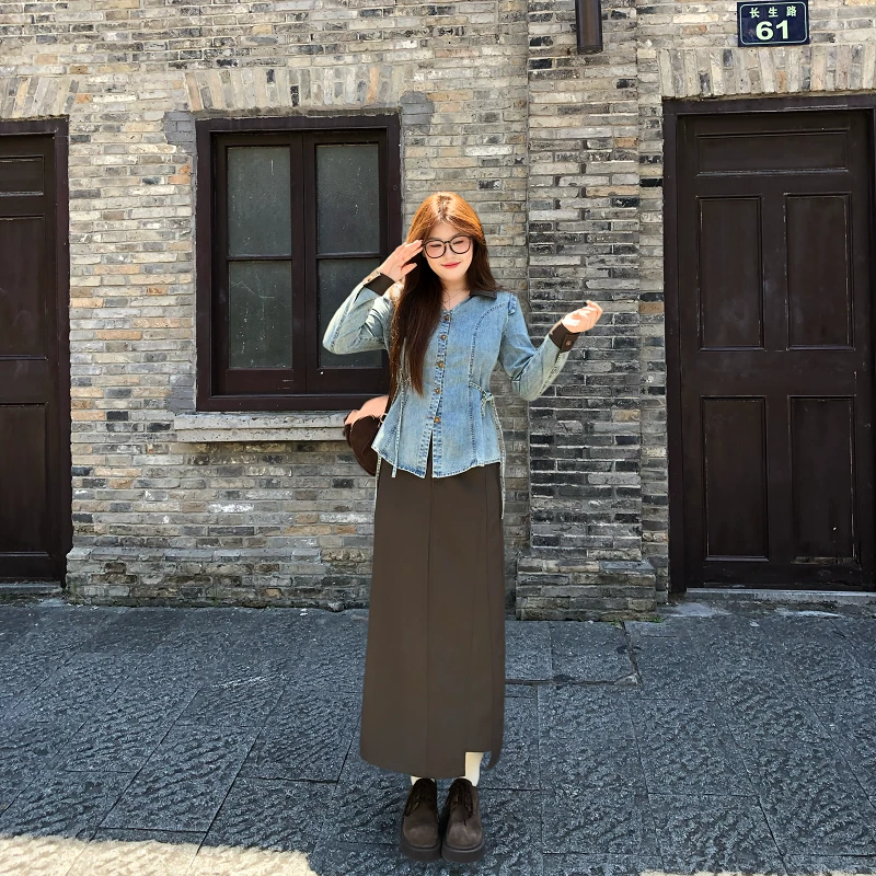 盈盈&南岛风大码女装美拉德风牛仔外套秋胖mm长短皮裙套装ZYY2187