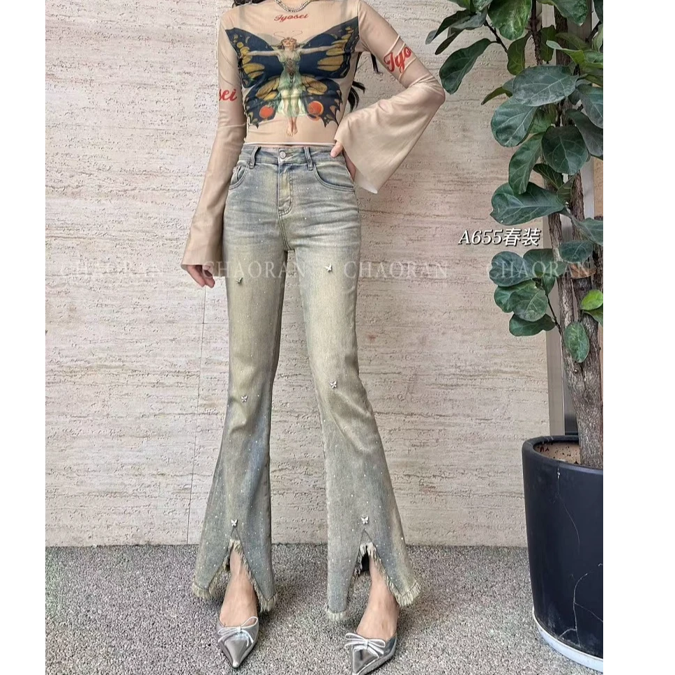 Chao Liu Zai Xian/潮流在现超然春季新款复古刺绣开叉牛仔喇叭裤