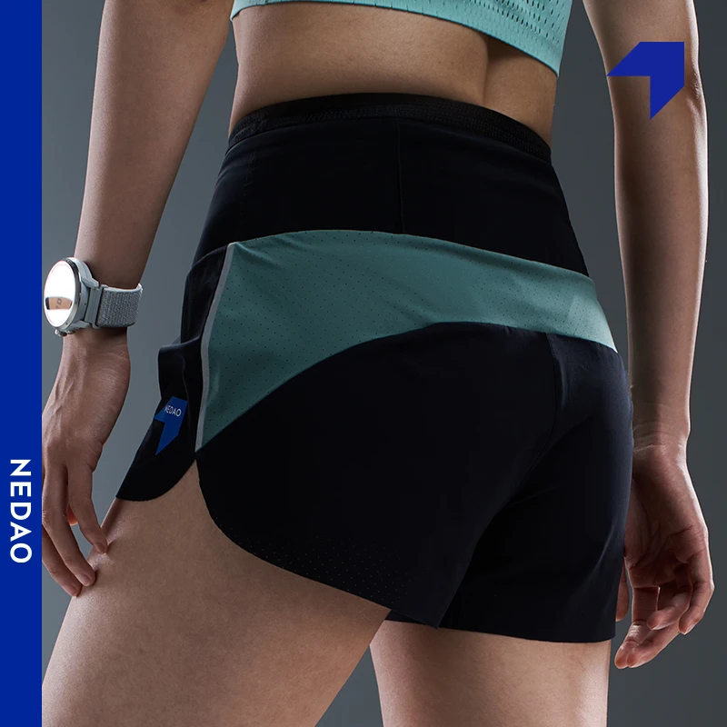 内道腰包拼接跑步短裤女越野撞色短裤马拉松透气舒适女士跑步短裤