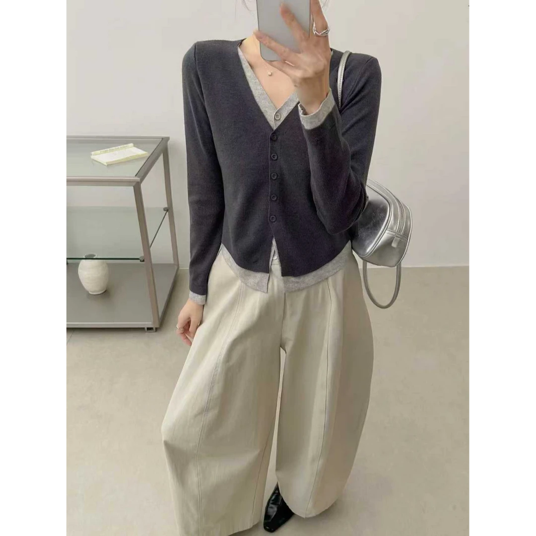 小众设计感假两件V领长袖T恤女时尚打底衫显瘦针织开衫上衣秋冬季