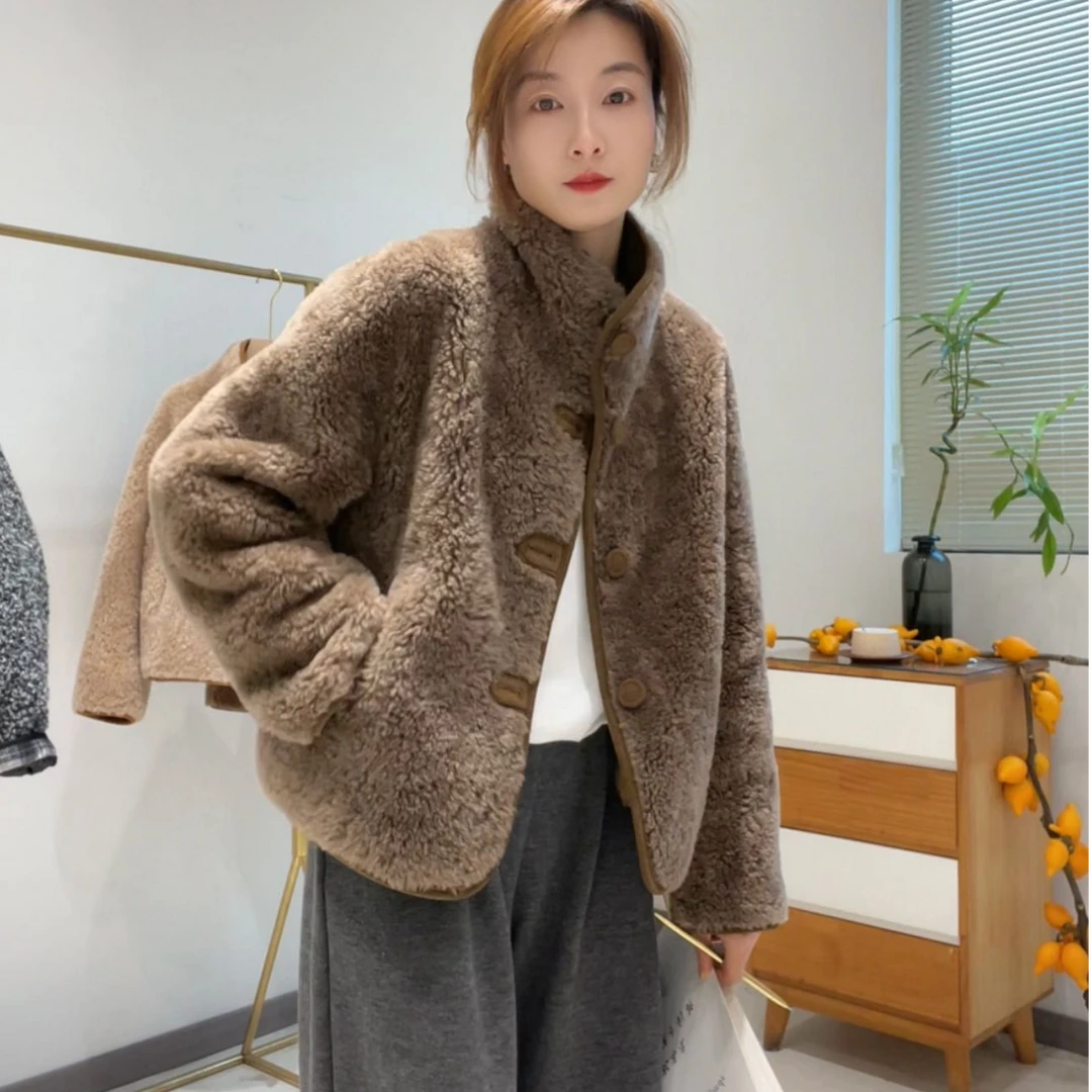菜菜家 年货款100羊毛两面穿毛毛一体时尚百搭外套女短款加厚保暖