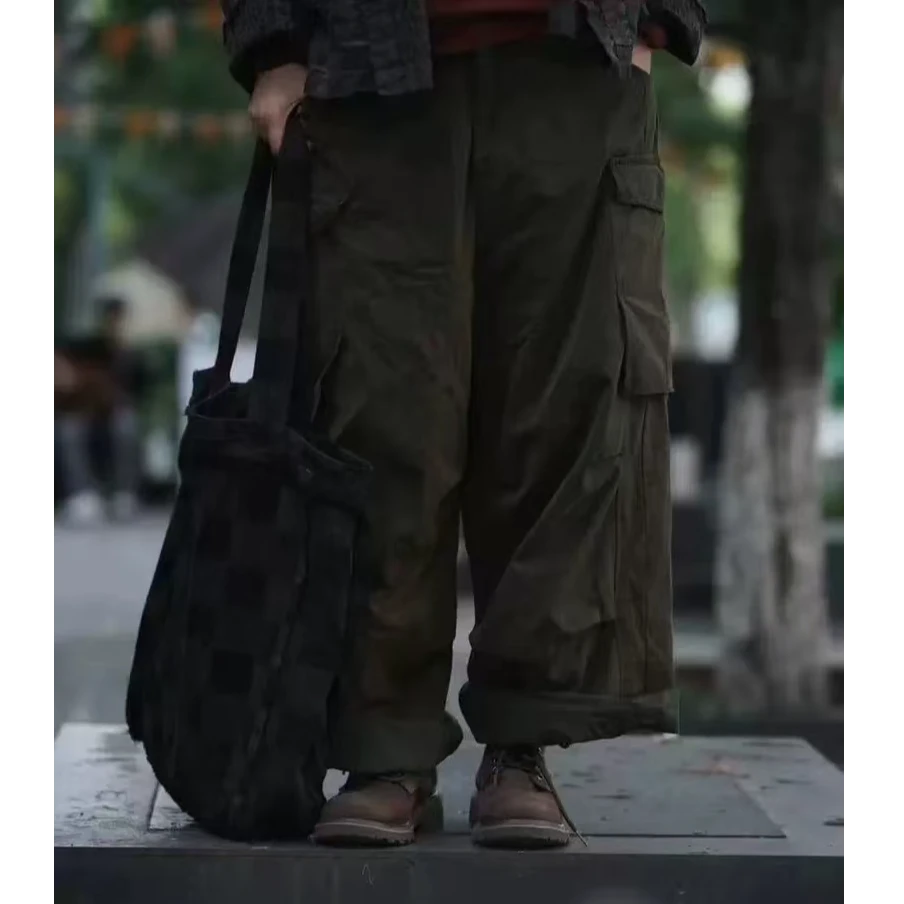 古蘭木-原创休闲工装大口袋无松紧双层直筒裤1971