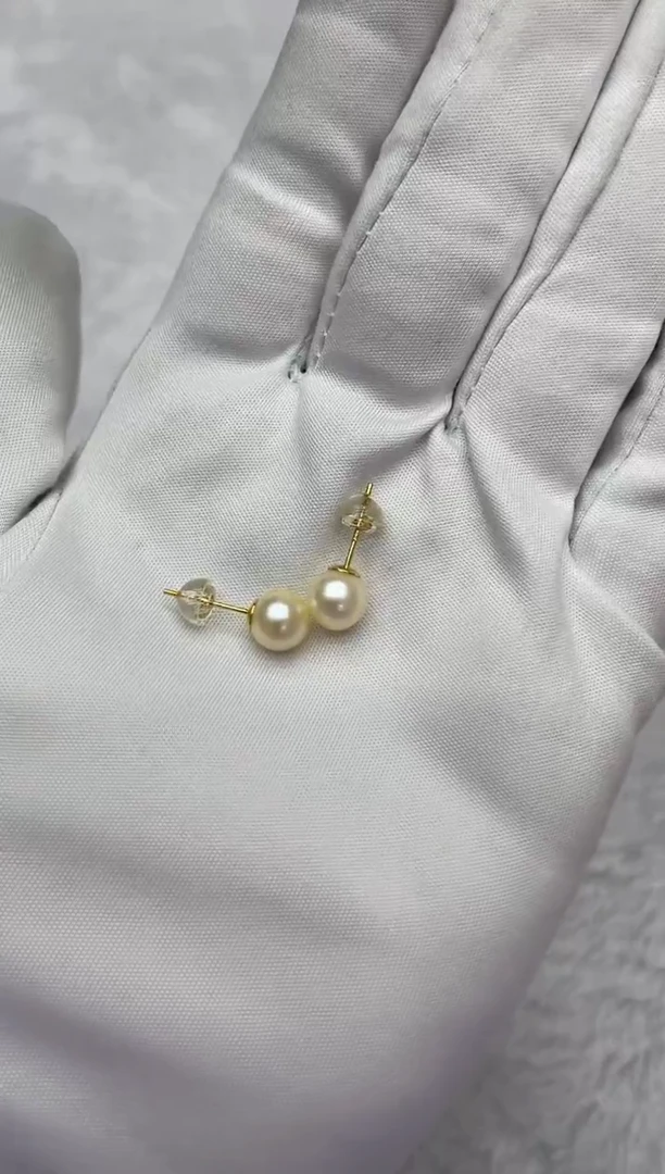银S925镶嵌耳钉海水珍珠AK羽皇金素钉7-7.5mm