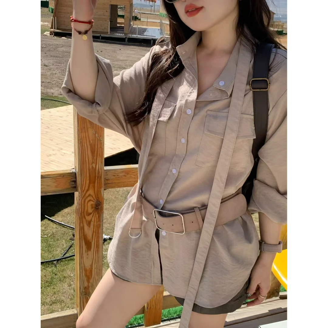 米米子“布鲁克林街区”定制工装感衬衫港风复古气质中长款秋季衬衣