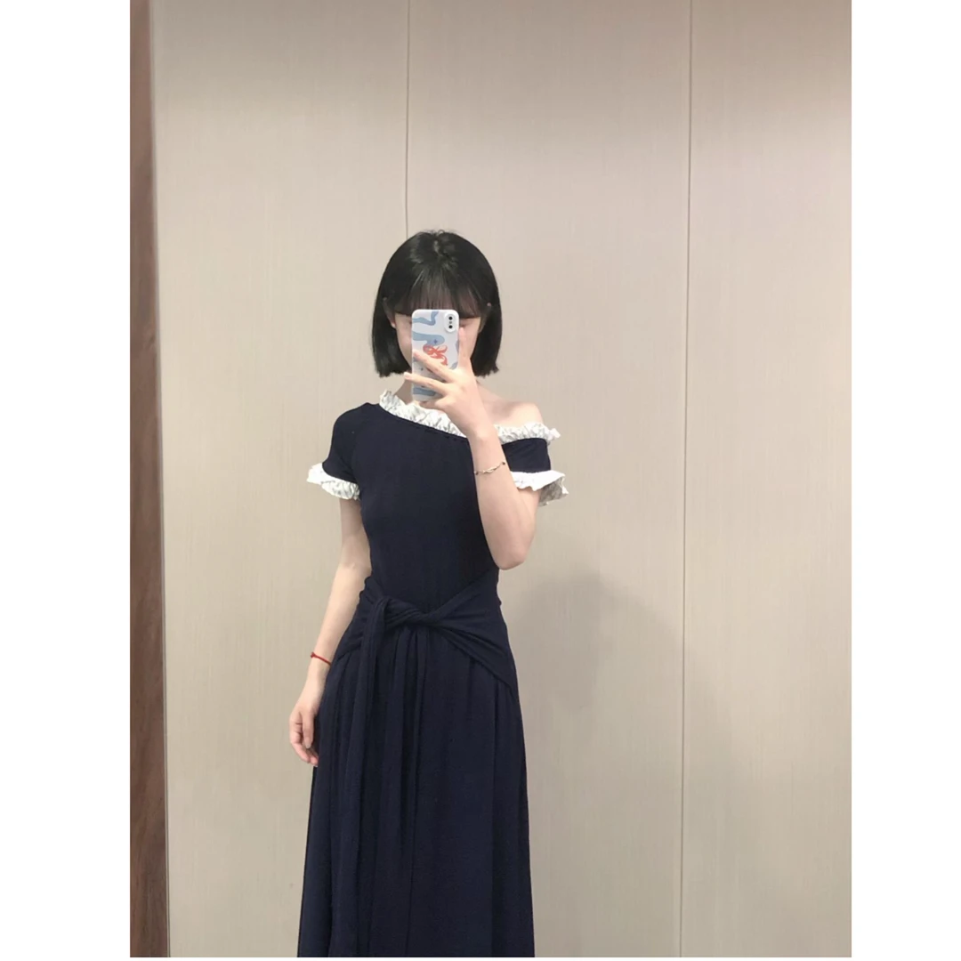 夏季新款斜肩绑带拼接针织绑带假两件休闲连衣裙高级感收腰长裙女