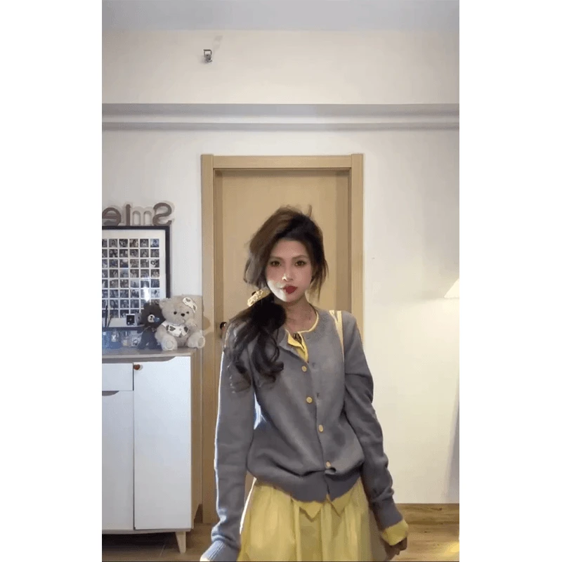 INS CEC春季新款撞色拼接假两件针织衫女气质显瘦高腰半身裙子