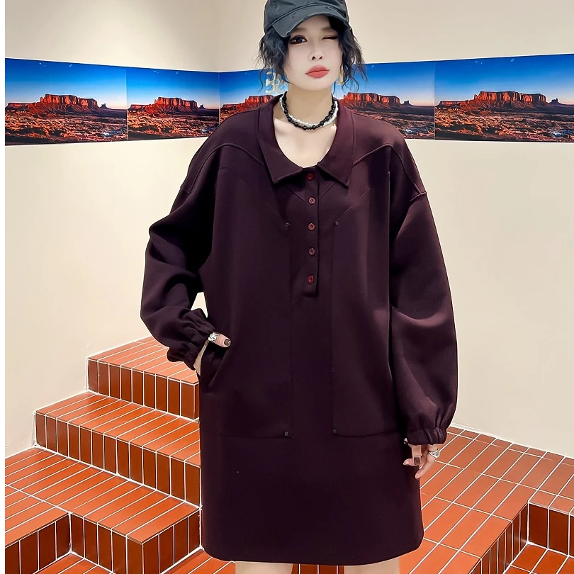 8916大码女装秋新款气质时尚翻领遮肉显瘦胖mm气质中长款连衣裙
