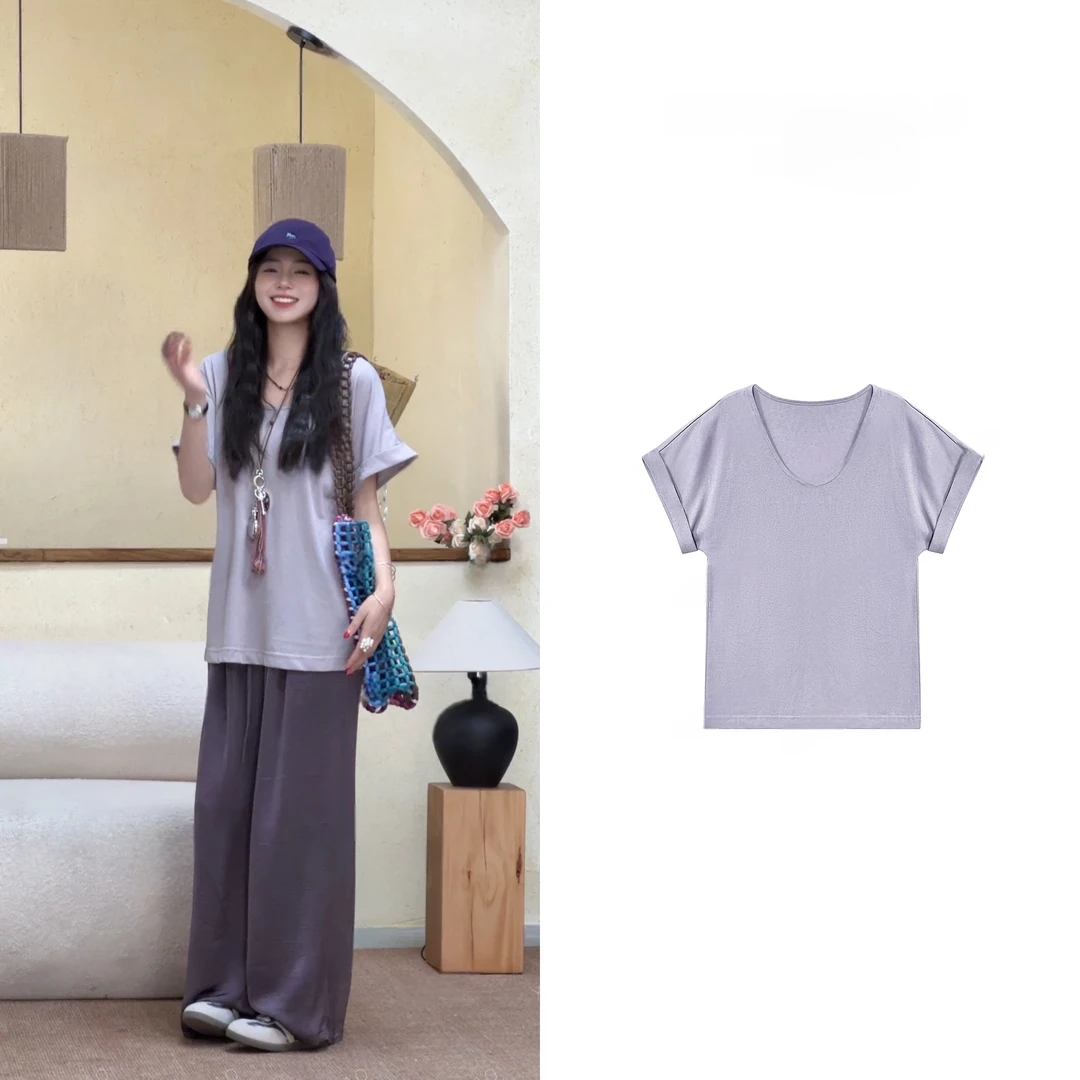 XURUOTAO 【卡罗兰】显瘦设计感气质休闲芋泥紫色短袖上衣