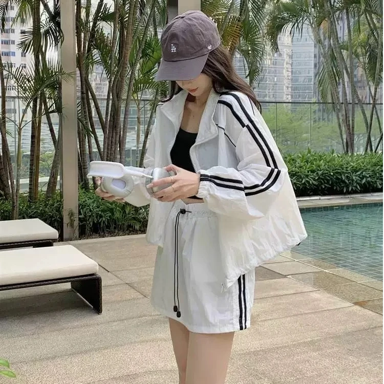 长袖时尚白色套装裙简约通勤夏季套装户外轻薄上衣外套百搭休闲