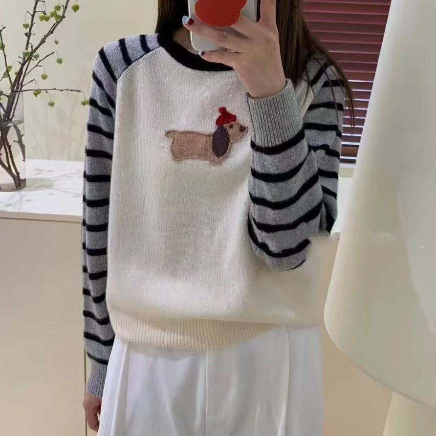 25款多巴胺穿搭撞色卡通条纹腊肠狗秋冬穿搭毛衣洋气减龄上衣