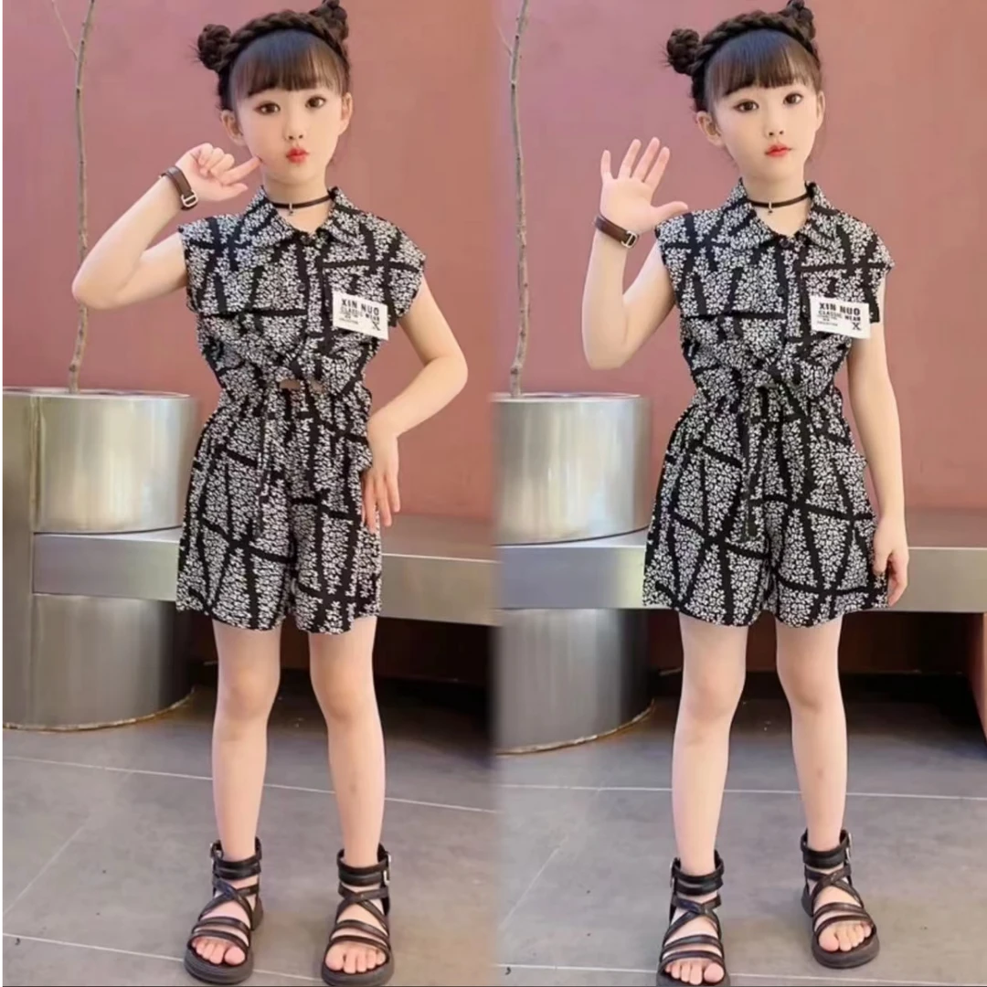 女童2025网红套装夏季新款儿童运动纯色菱形格碎花女孩短裤两件套