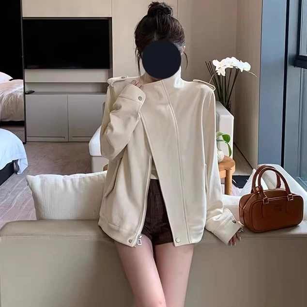 白巧恋人麂皮绒外套女秋冬季米白色设计感机车风宽松皮衣夹克上衣