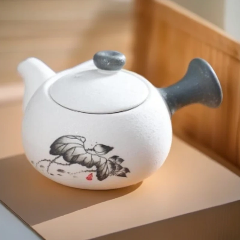 墨色G1295荷韵雪花釉粗陶侧把