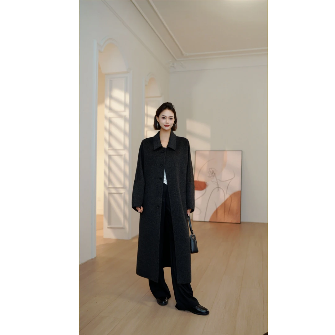 双面羊毛牦牛绒桑蚕丝大衣长款外套秋冬加厚保暖抗寒冬季女士