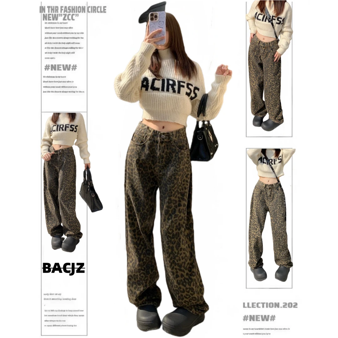 美式复古豹纹加绒阔腿牛仔裤女秋冬辣妹高街宽松直筒裤子休闲裤子