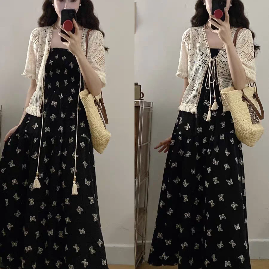 大码胖mm吊带裙显瘦连衣裙女夏季镂空提花开衫短袖遮肉两件套装裙