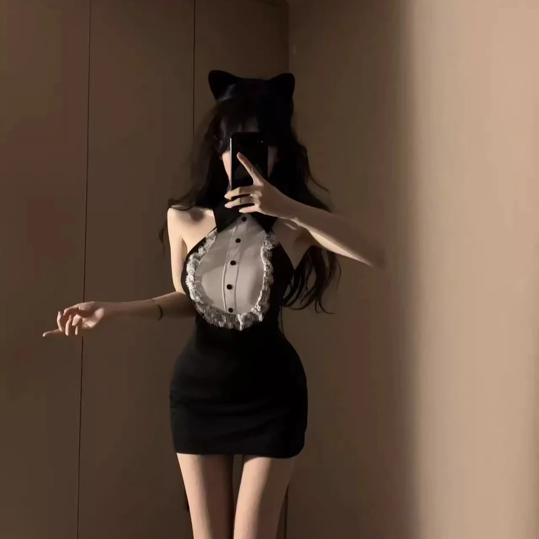 【甜甜猫女】性感睡衣女纯欲风睡裙女蕾丝拼接修身显瘦挂脖包臀短裙