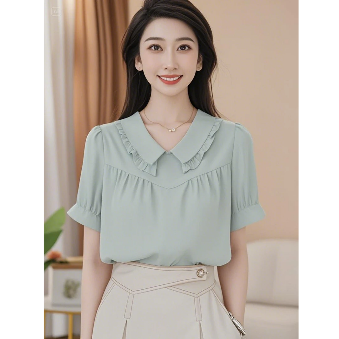 【曼贝】气质风短袖衬衫女高级设计感时尚百搭通勤AI0330-2【甜甜】