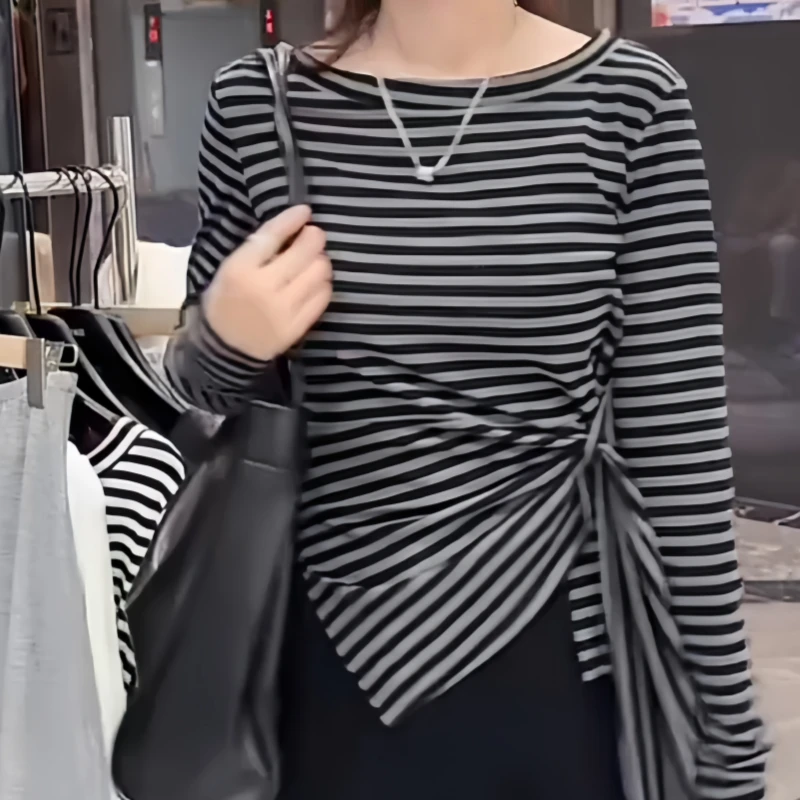 早秋韩系气质不规则系带长袖T袖女2025新款撞色设计款时尚风上衣