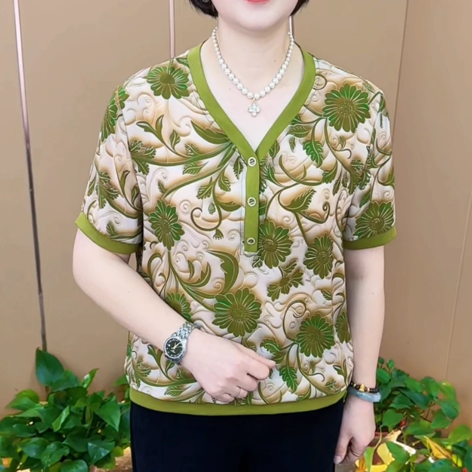 夏季新款时尚洋气V领立体感印花设计宽松百搭显瘦短袖上衣H6635
