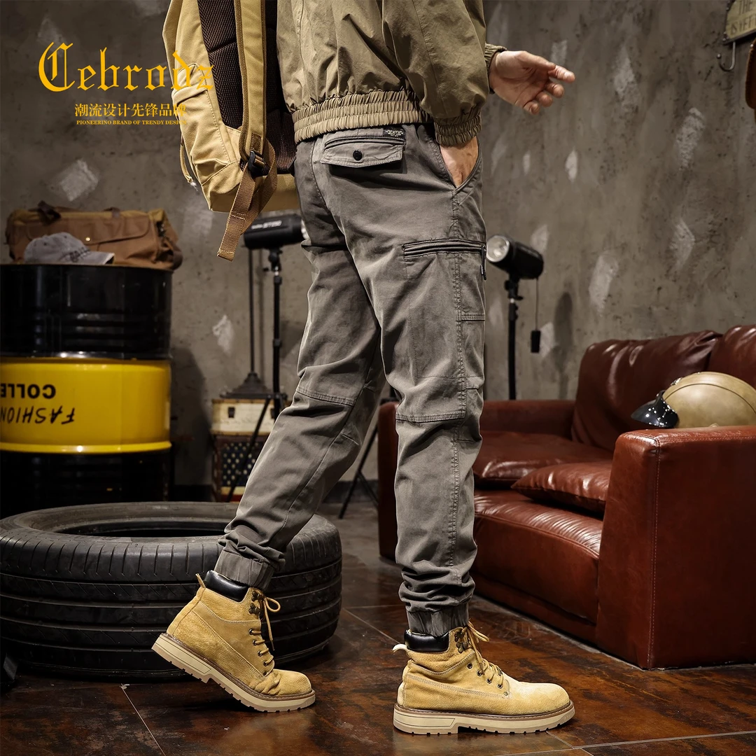 法国Cebrodz美式复古机能工装裤男秋新款宽松束脚潮牌休闲裤运动