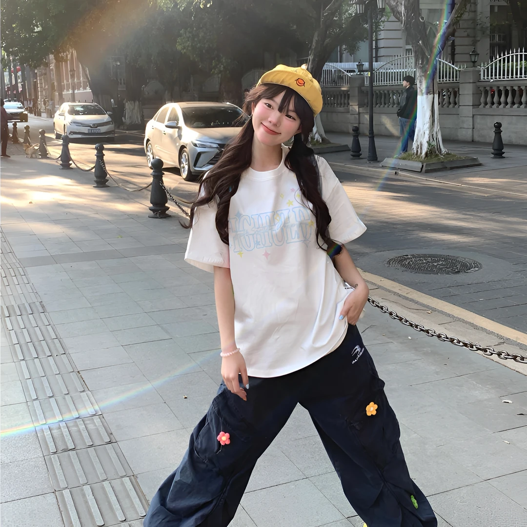 2025新款爆款美式宽松白色短袖t恤洋气女夏季纯棉百搭情侣上衣ins