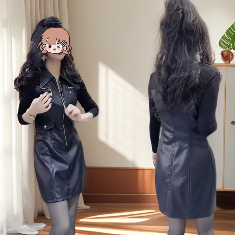 2025新款显瘦V领半高领A字裙春季连衣裙收腰秋季长袖裙子