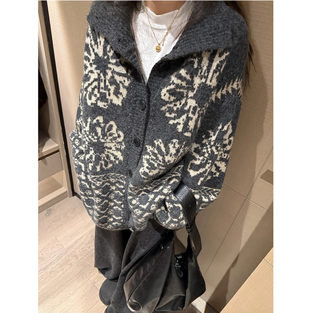 北欧风翻领费尔岛针织开衫女秋冬慵懒宽松高领毛衣外套复古上衣厚