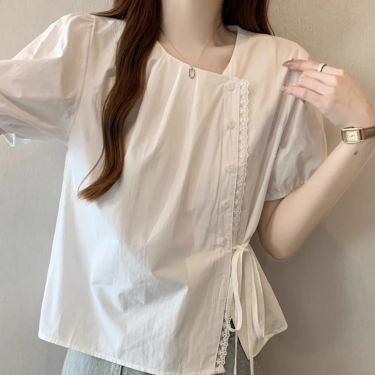 设计感白色短袖衬衫女夏季2025新款大码胖mm宽松遮肚系带正肩上衣
