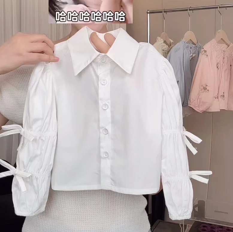 女童秋季新款蝴蝶结衬衫女宝宝韩版长袖纯色翻领衬衣