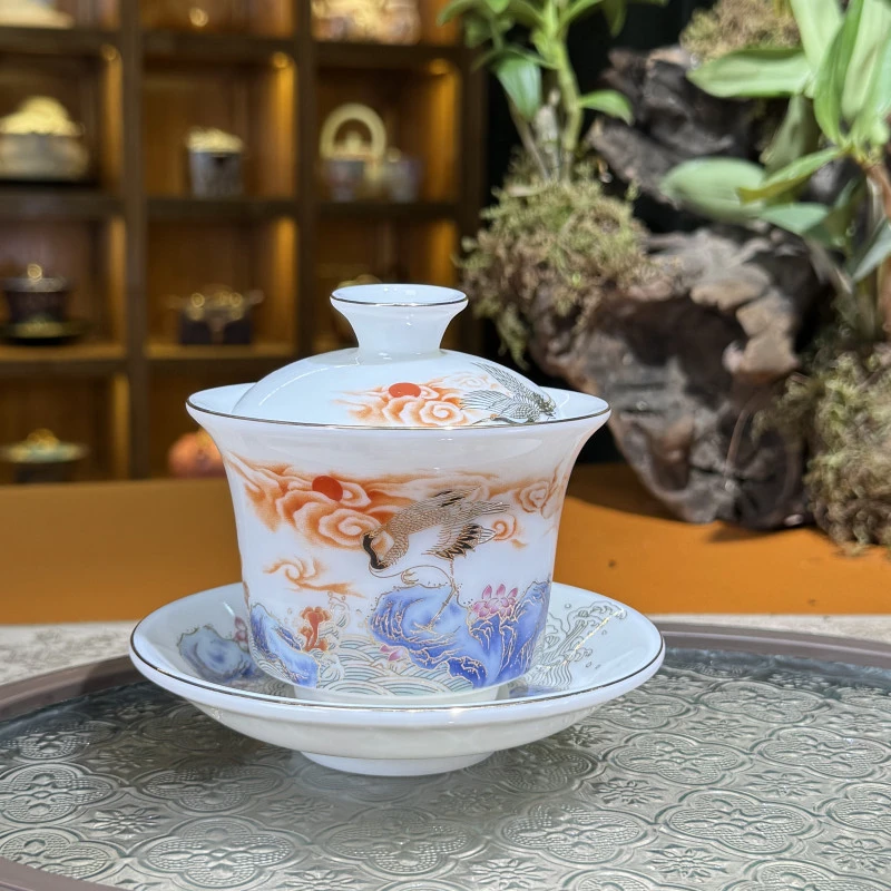 [墨池]羊脂玉瓷仙鹤三才盖碗茶杯泡茶碗单个带盖德化白瓷195