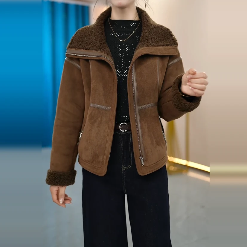 冬季加绒加厚短款外套时尚气质减龄休闲百搭宽松保暖皮绒上衣