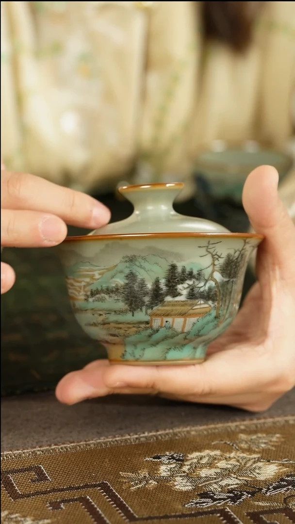 善窑厂汝窑青绿山水盖碗