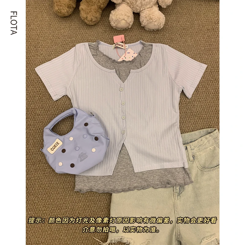 【现货】气质减龄女小众设计感百搭通勤修身显瘦假两件短袖T恤上衣