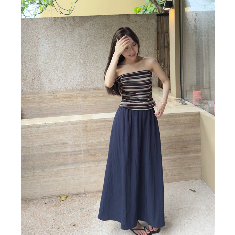 YPP!【条纹脑袋】百搭设计感条纹抹胸背心配百搭休闲A字半身裙套装