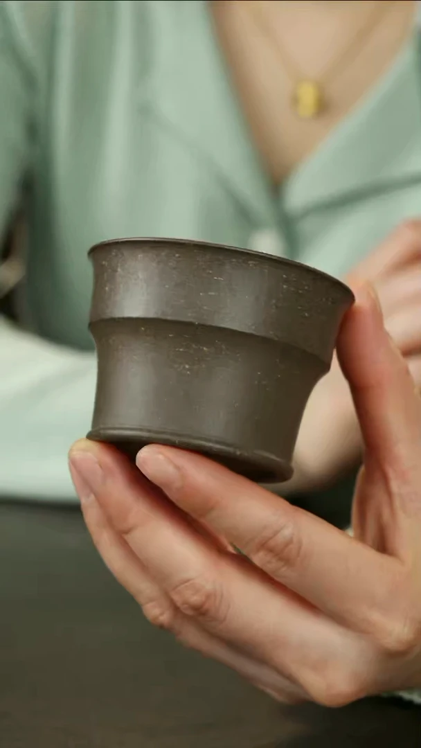 茶杯紫砂马燕老青灰段竹节杯约90cc