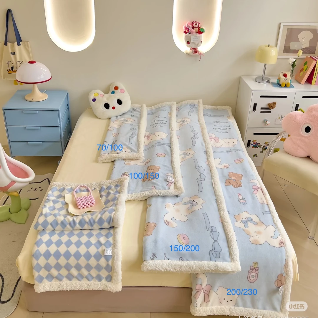 牛奶绒毛毯加绒冬季被子盖被床品可爱盖毯午睡加厚印花毯子柔软