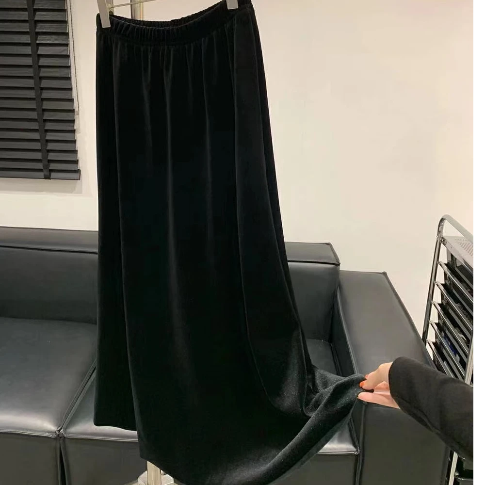 0026 美式时尚半身裙黑色松紧加绒a字长裙