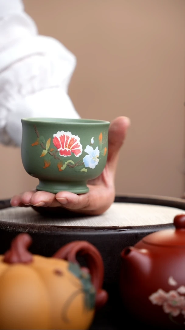 茶壶紫砂豆青砂大缸杯泥绘花