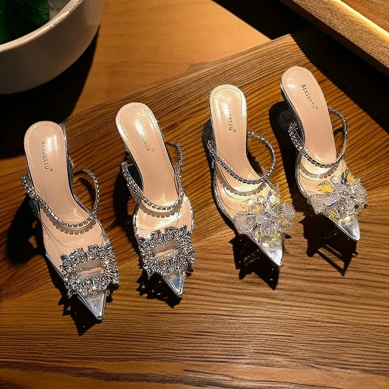 日常百搭韩版水钻ins凉拖高跟包头拖法式包头夏季中跟凉鞋春夏