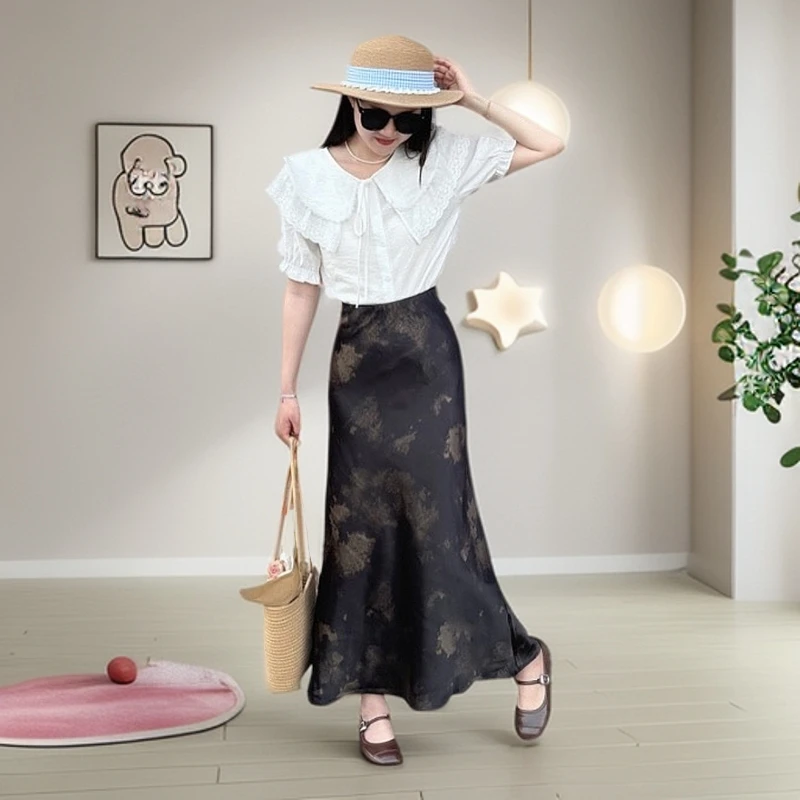 夏款醋酸缎面高腰鱼尾裙时尚百搭水墨画新款半身裙裙子夏季印花