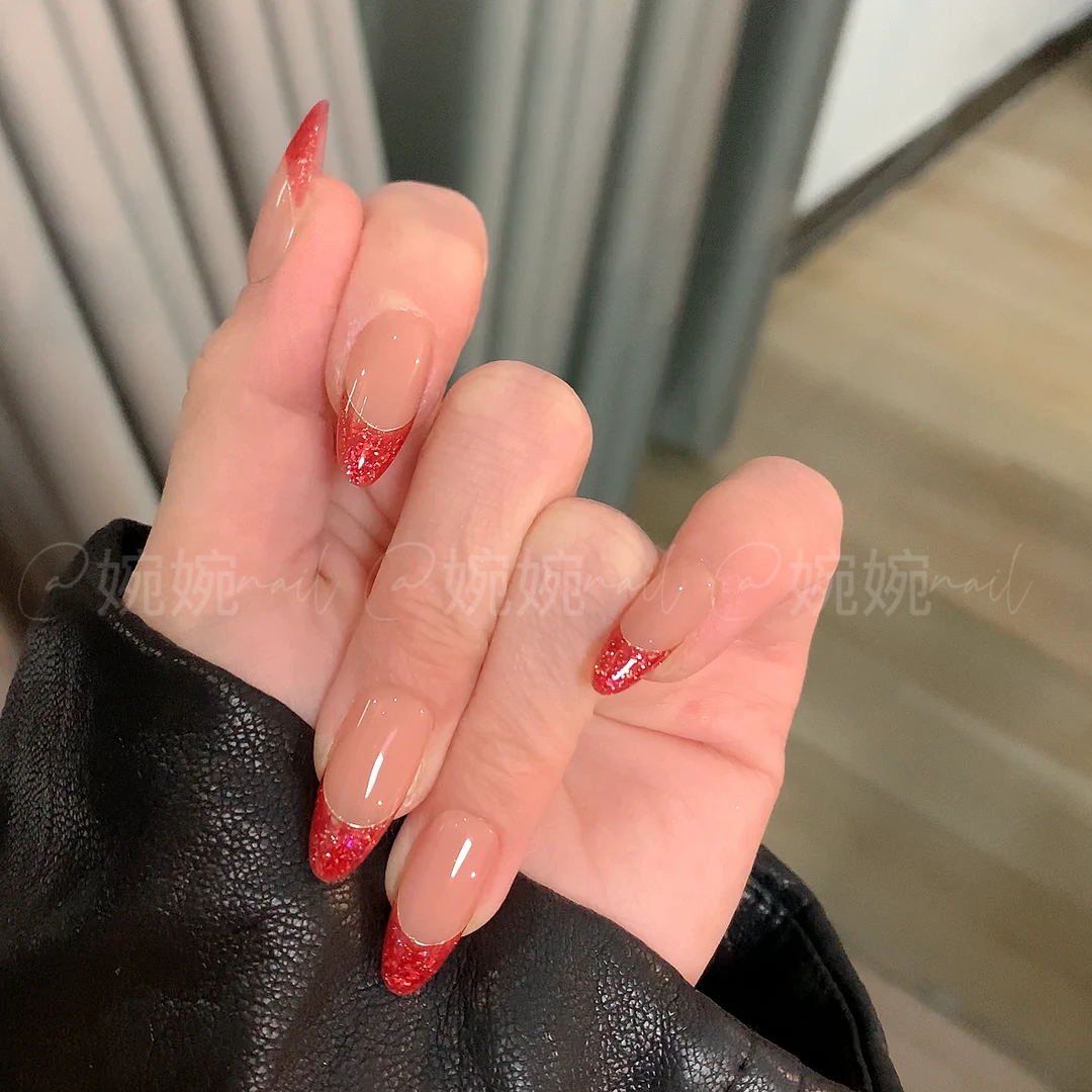 【红糖冰沙】纯手工闪闪红色法式穿戴甲