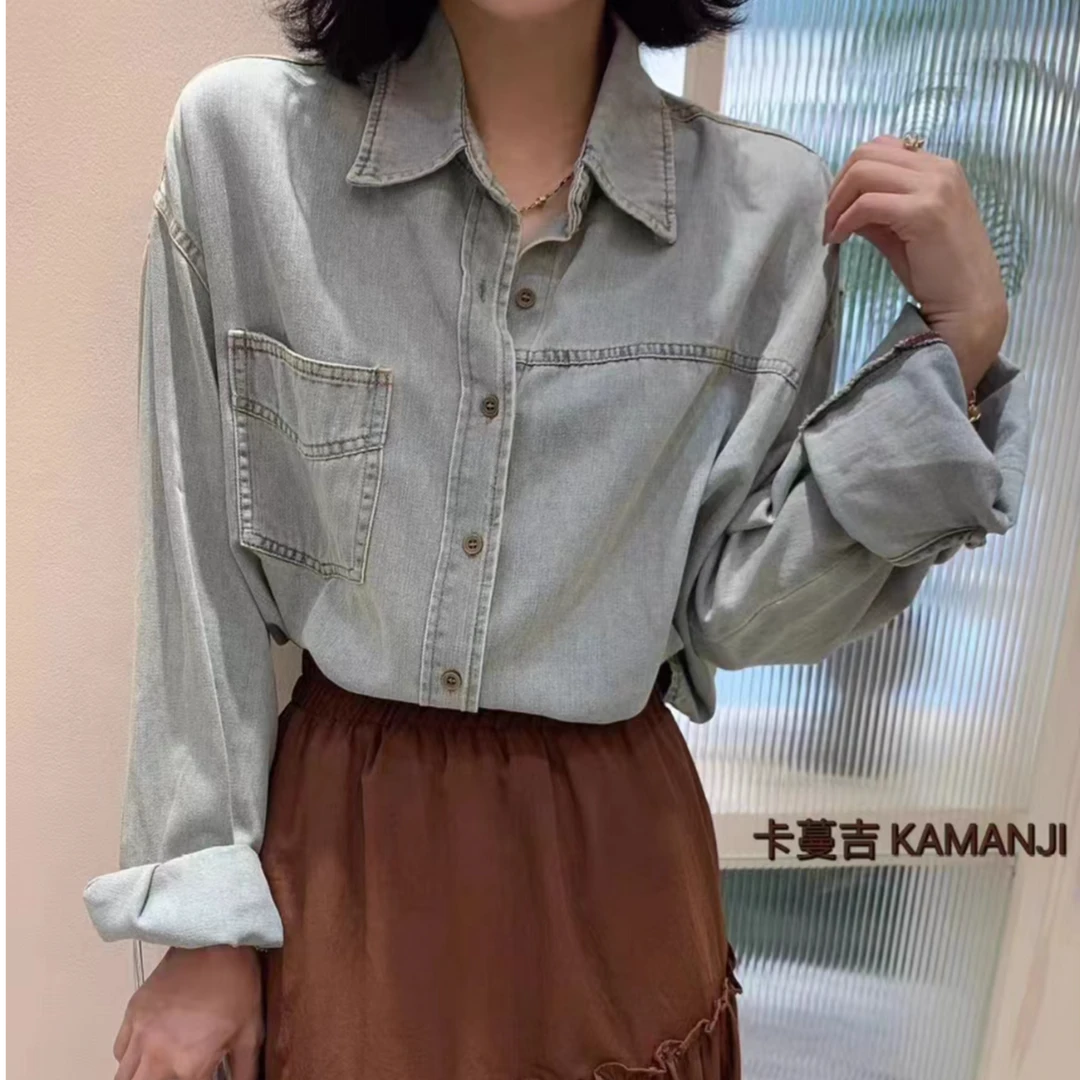 春夏小个子浅色复古牛奶丝牛仔宽松衬衫外套（清货）