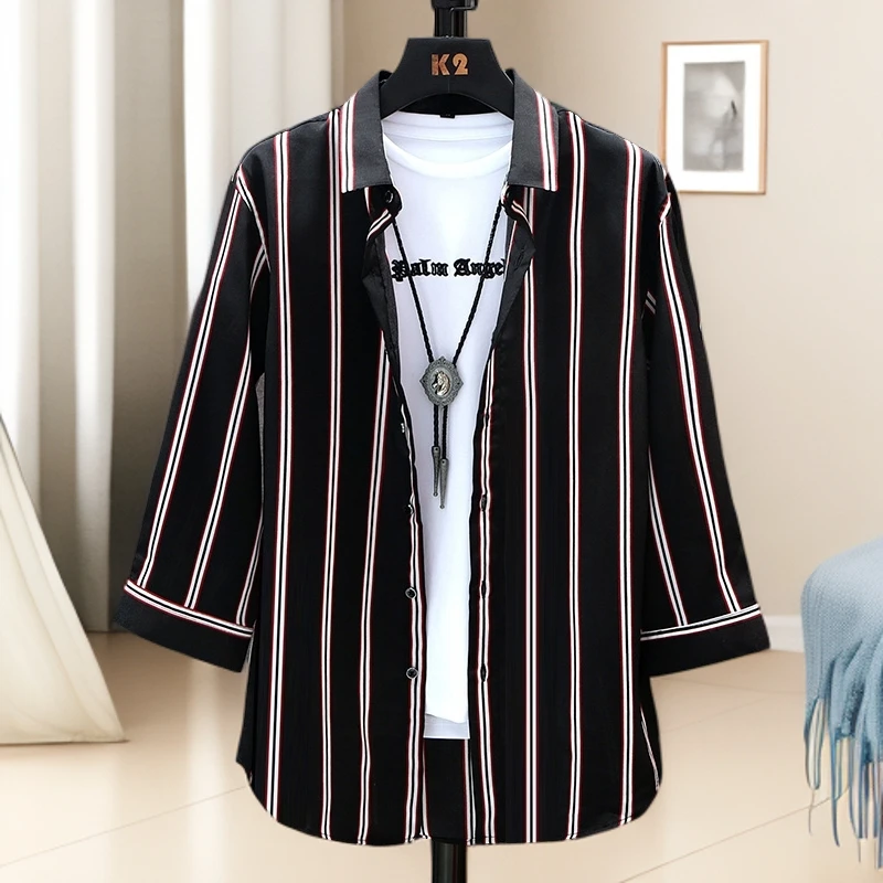 汤米芙兰可高级感条纹冰丝衬衫男夏秋季打底衫宽松九分长袖衬衣潮