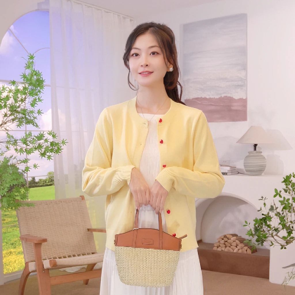 【流光风穿搭】茵曼25秋季含绵羊毛圆领开衫毛衣纯色针织衫（配丝