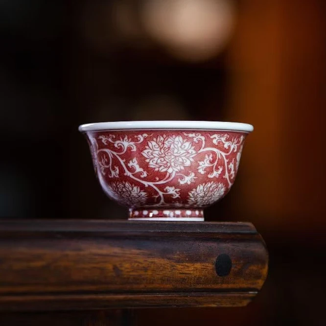 勤义堂釉里红红地缠枝金刚佛莲压手杯纯手工手绘复古名窑陶瓷