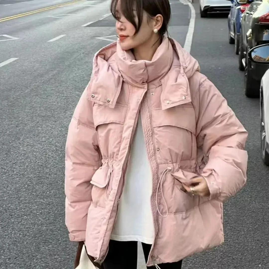 2024冬季韩系收腰羽绒服女中长款冬季白鸭绒连帽立领保暖外套冬