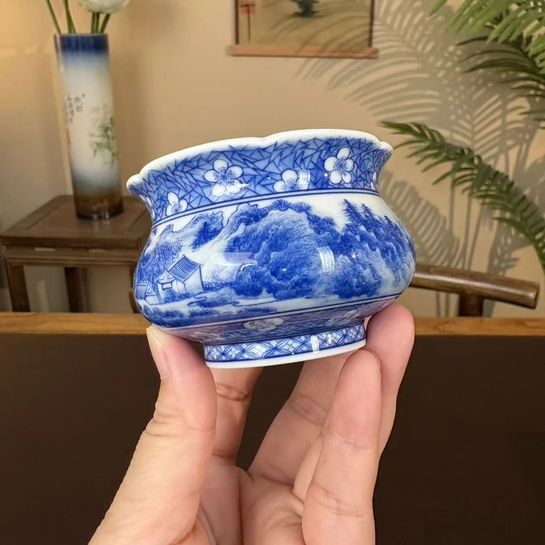 【陶月楼】柴窑青花福袋杯喝茶主人杯景德镇纯手工手绘茶器茶具