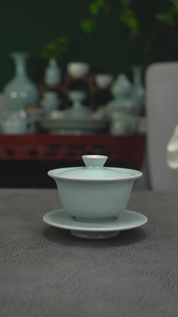 瓷片粉青釉元宝三才微微瑕-二